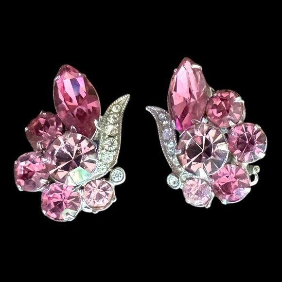 Eisenberg Ice Jewelry - Vintage Signed Eisenberg Ice Pink White Rhinestone Cluster Clip On Earrings